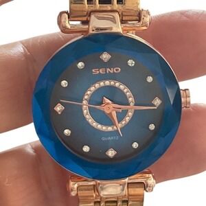 Seno Watch Blue Round Dial Rose Gold Tone Crystal Accent Quartz Ladies Elegant